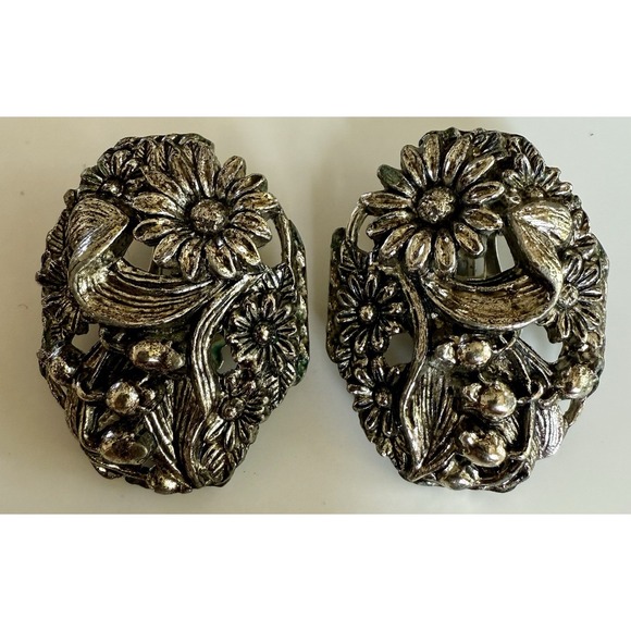 Vintage Sarah Coventry Clip On Earrings Floral Silvertone Pat Pend Mid Cent Rare - Picture 1 of 8